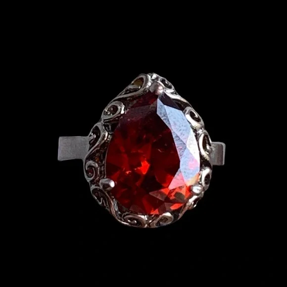 Garnet Amber Red Cz Silver Pear Shape Dinner Cocktail Ring Women’s Jewelry - Picture 2 of 12